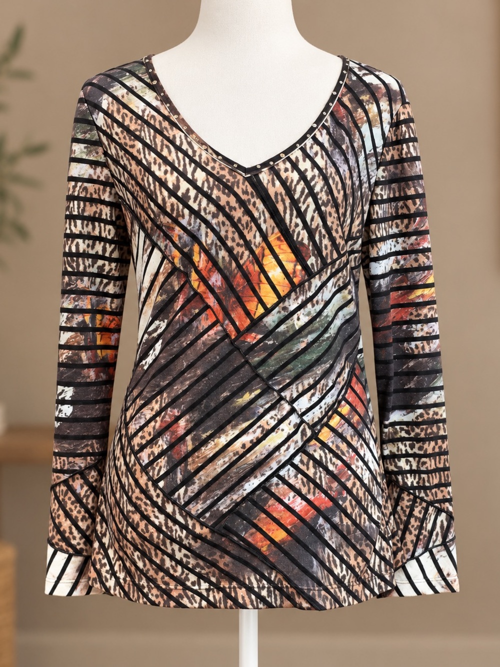 Alberto Makali Multi-Color V-Neck Long Sleeve Top with Stud Trim